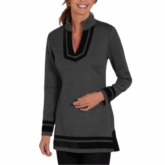 Soft Surroundings GRAY wool sweater BLACK velvet trim Runway Pullover womens Lrg - Picture 5 of 13